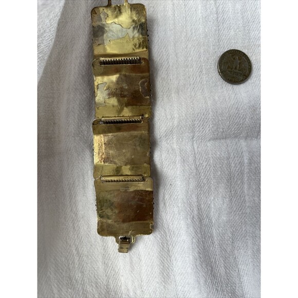 Vintage Wide Ornate Filigree Engraved Gold Tone Brown Agate Panel link Bracelet - Picture 13 of 14